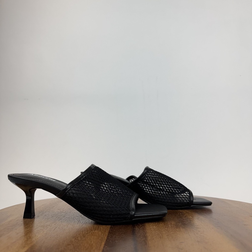 New Womens Abound Francis Black Mesh Slip On Sandals Kitten Heels Mules Size 6 M
